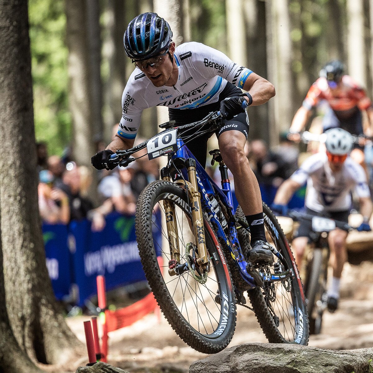 Simone Avondetto of Wilier Vittoria MTB Factory Team competing with his MTB Urta Max SLR in a special paint job to celebrate the European Championship winning